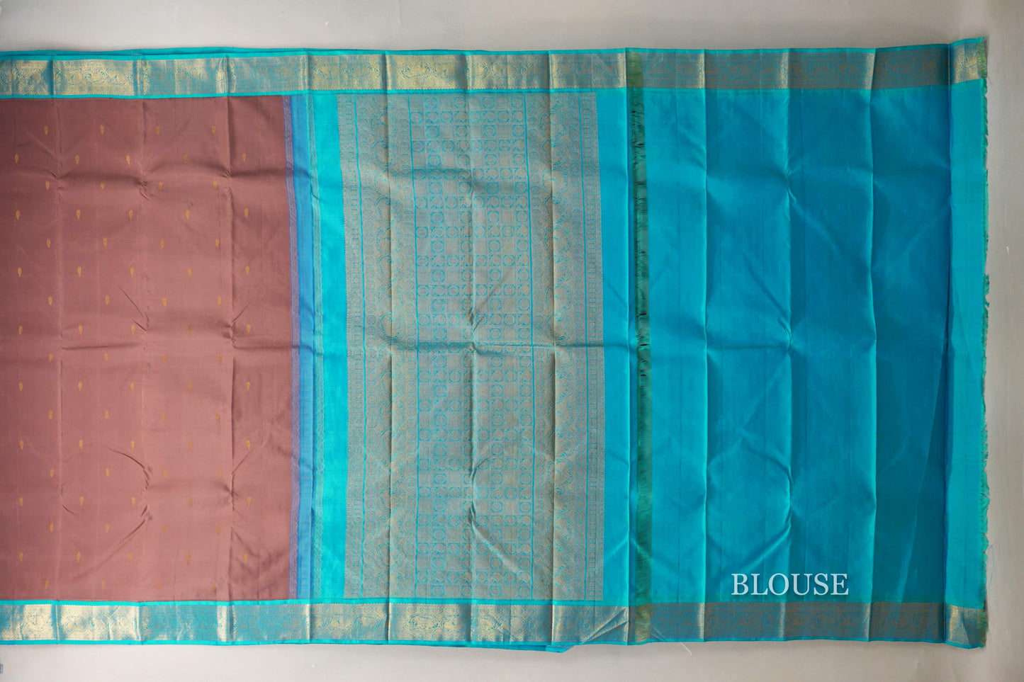 Earthy Brown with Aqua Blue Borders Vintage Kanjivaram Silk Saree by Shreenivas Silks PSSR019080