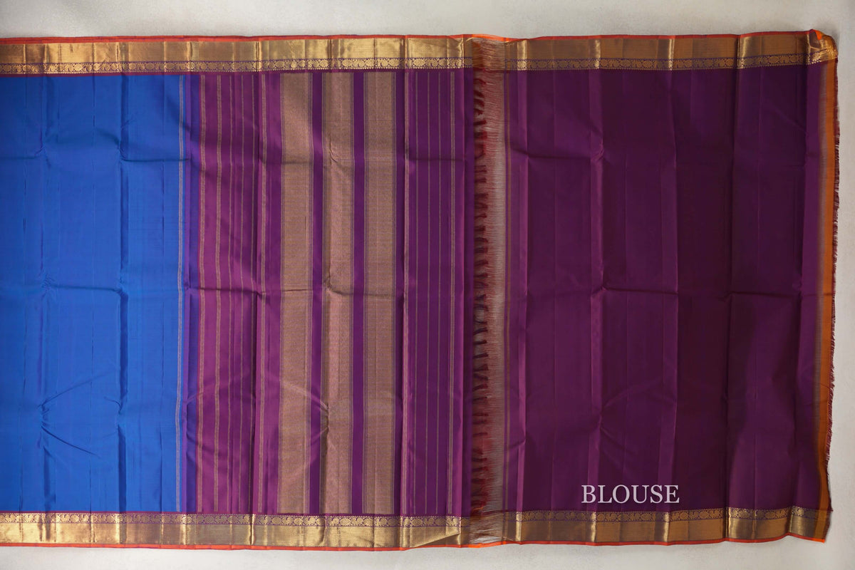 Deep Classic Blue with Deep Magenta Borders with Bright Orange Selvedge Vintage Kanjivaram Silk Saree by Shreenivas Silks PSSR0110209