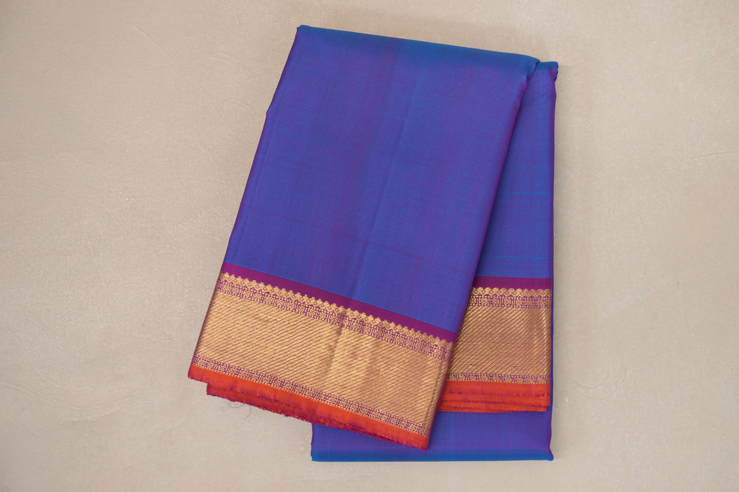 Dual Tone Blue and Purple with Magenta Borders and Orange Selvedge Vintage Kanjivaram Silk Saree by Shreenivas Silks PSSR019081