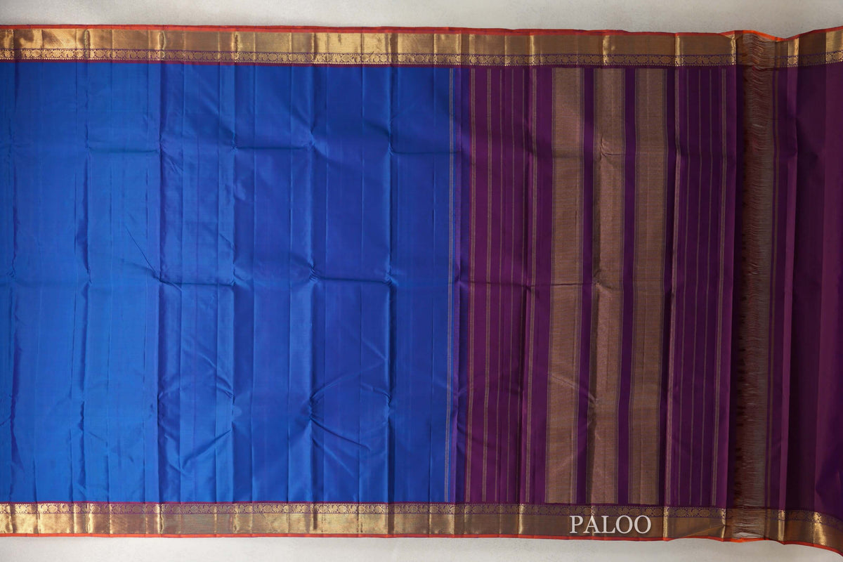Deep Classic Blue with Deep Magenta Borders with Bright Orange Selvedge Vintage Kanjivaram Silk Saree by Shreenivas Silks PSSR0110209
