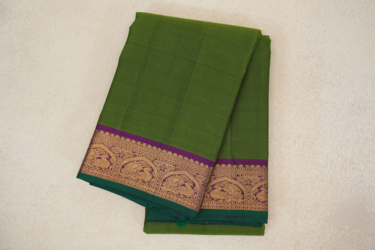 Mehendi Green with Deep Magenta Borders and Dark Green Selvedge Vintage Kanjivaram Silk Saree
