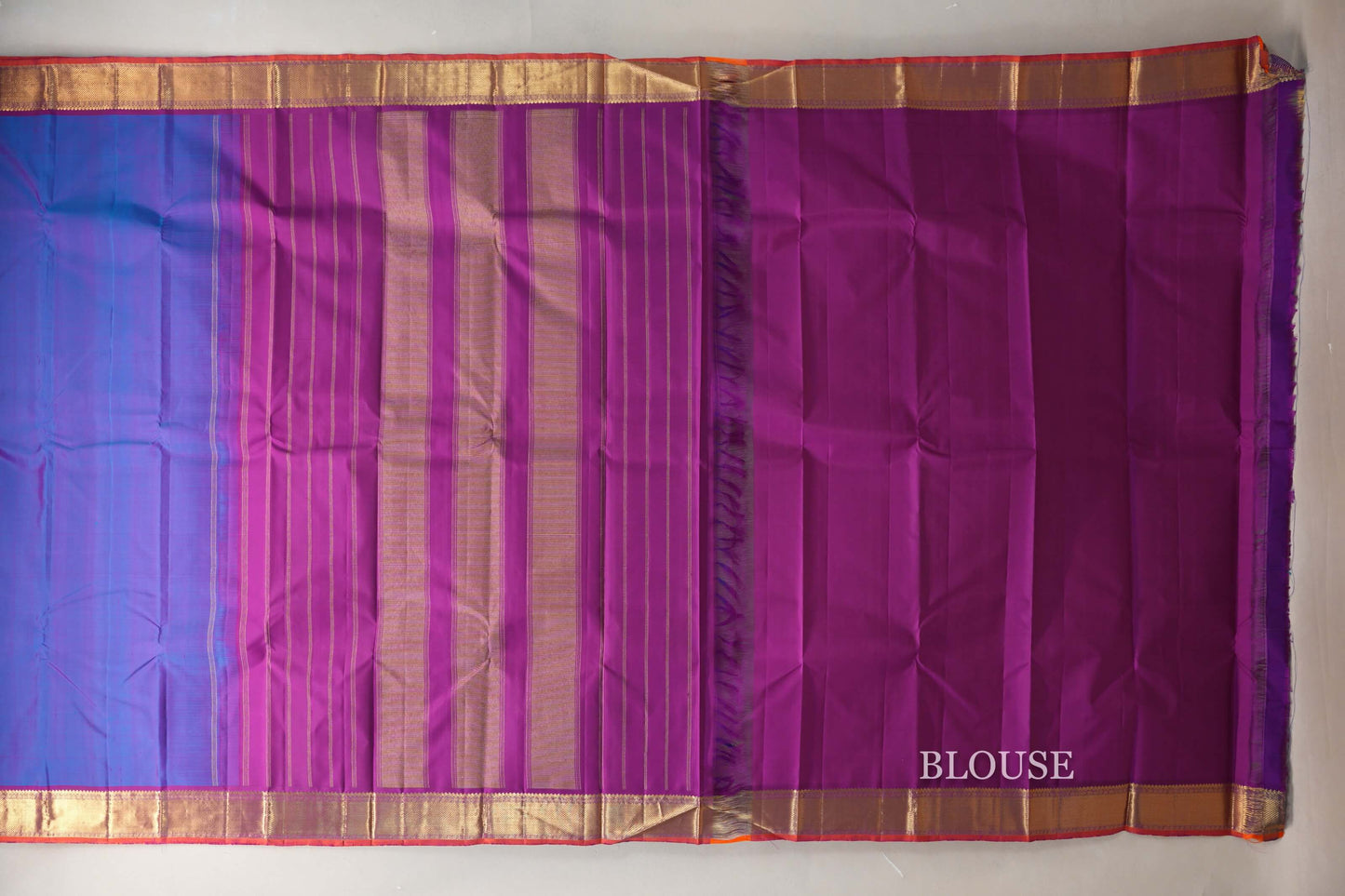 Dual Tone Blue and Purple with Magenta Borders and Orange Selvedge Vintage Kanjivaram Silk Saree by Shreenivas Silks PSSR019081