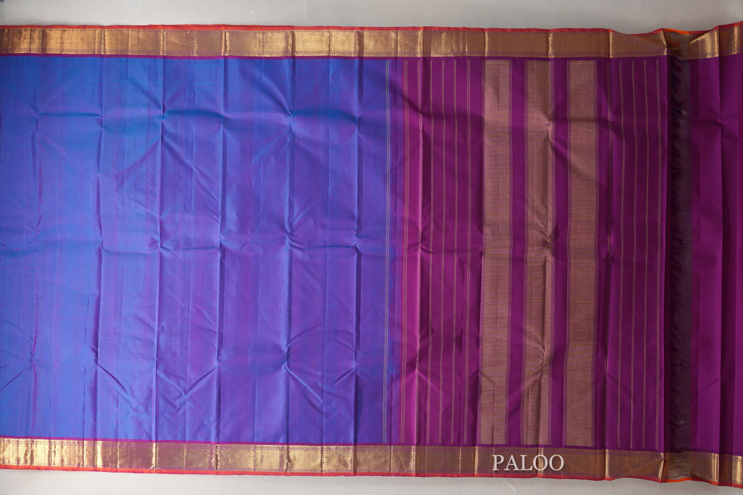 Dual Tone Blue and Purple with Magenta Borders and Orange Selvedge Vintage Kanjivaram Silk Saree by Shreenivas Silks PSSR019081