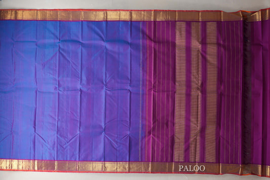 Dual Tone Blue and Purple with Magenta Borders and Orange Selvedge Vintage Kanjivaram Silk Saree by Shreenivas Silks PSSR019081