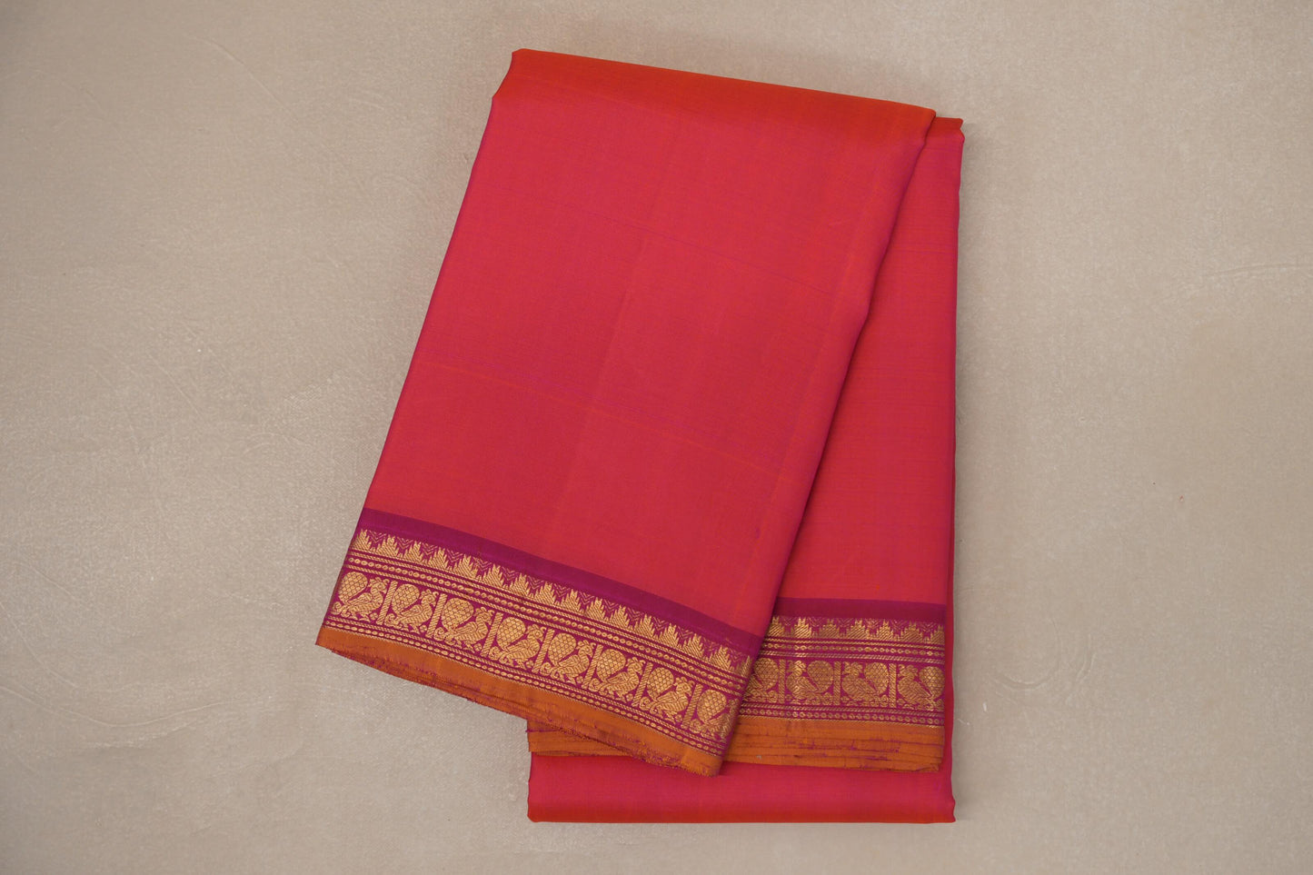 Orangish Pink with Bright Pink Borders and Mustard Selvedge Vintage Kanjivaram Silk Saree by Shreenivas Silks PSSR019082