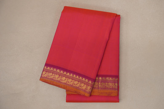 Orangish Pink with Bright Pink Borders and Mustard Selvedge Vintage Kanjivaram Silk Saree by Shreenivas Silks PSSR019082