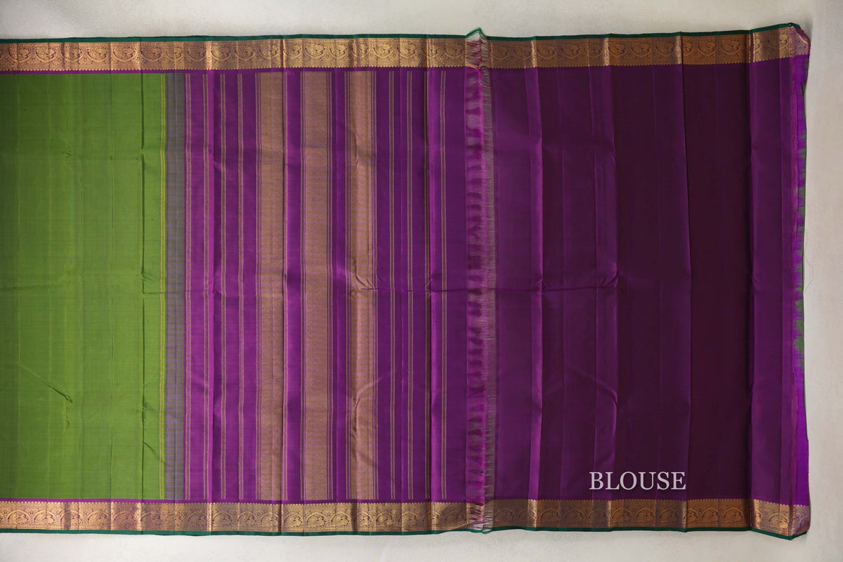 Mehendi Green with Deep Magenta Borders and Dark Green Selvedge Vintage Kanjivaram Silk Saree blouse