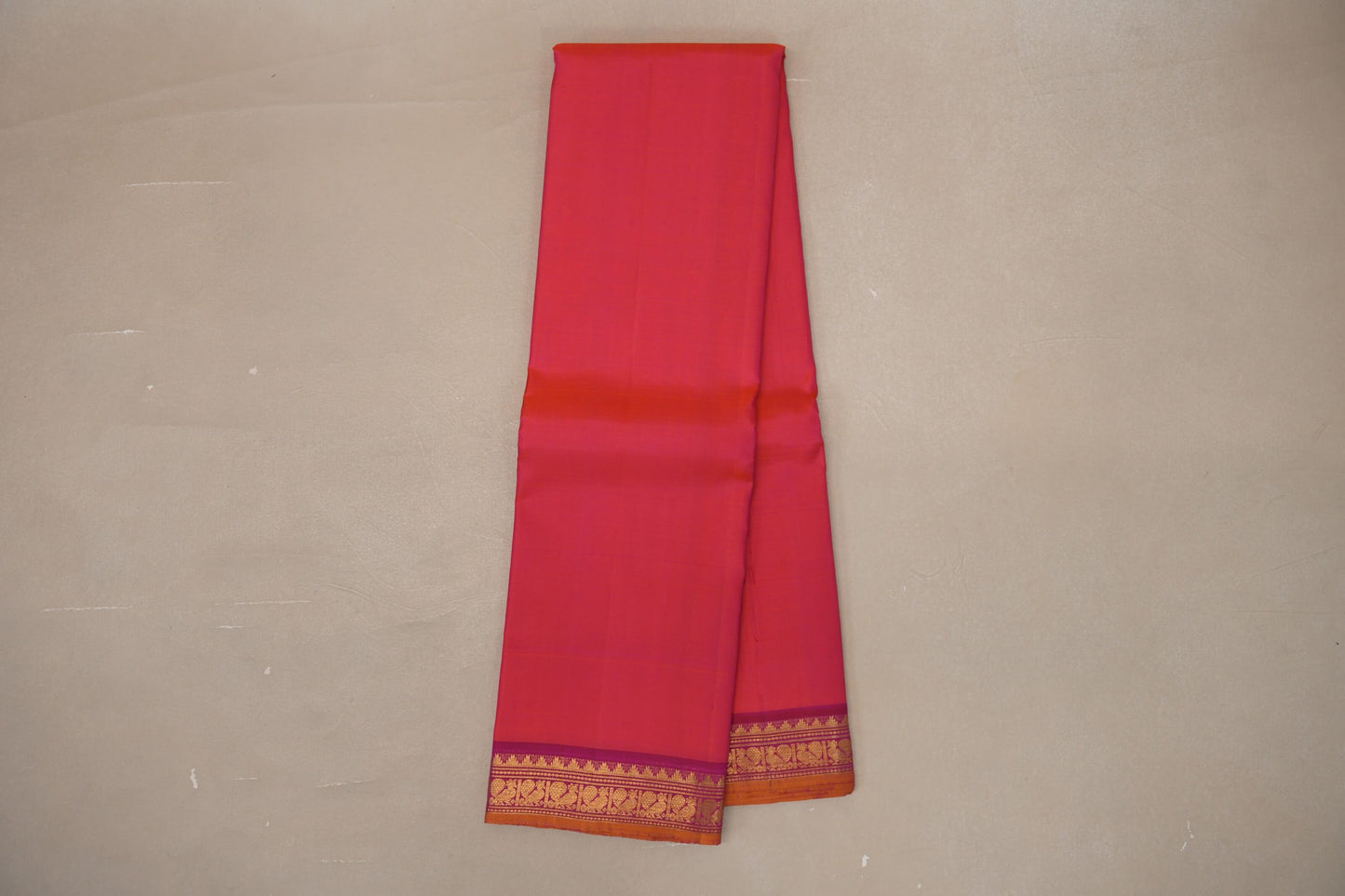 Orangish Pink with Bright Pink Borders and Mustard Selvedge Vintage Kanjivaram Silk Saree by Shreenivas Silks PSSR019082