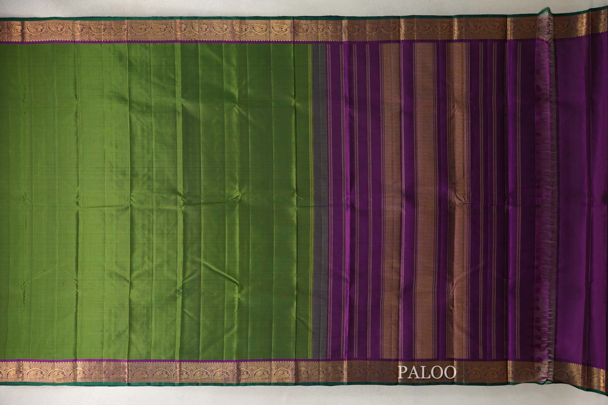 Mehendi Green with Deep Magenta Borders and Dark Green Selvedge Vintage Kanjivaram Silk Saree paloo