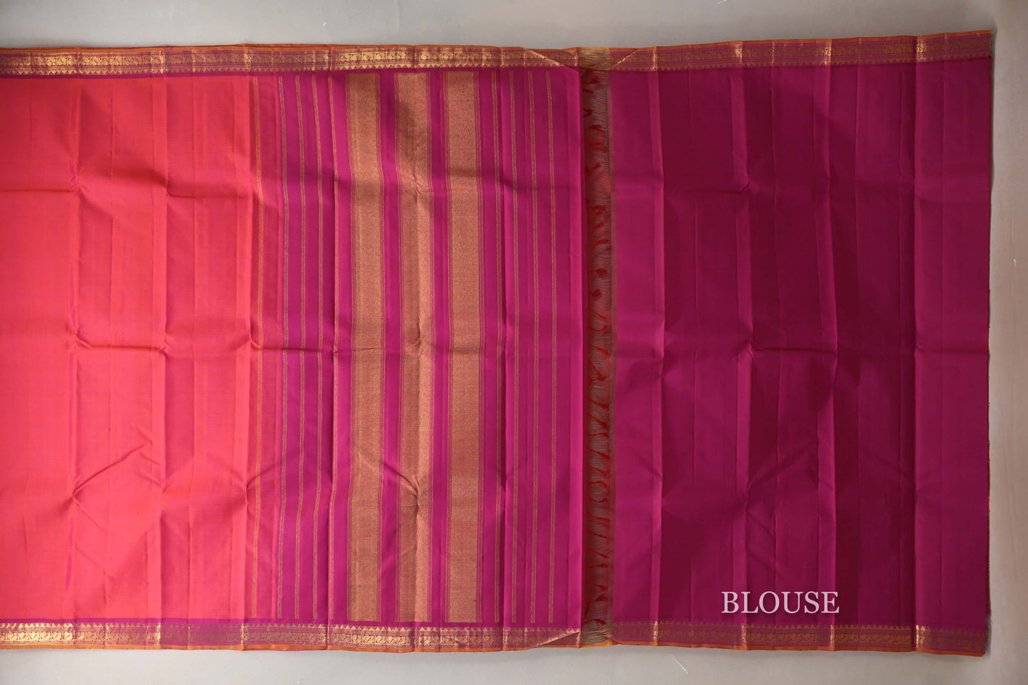 Orangish Pink with Bright Pink Borders and Mustard Selvedge Vintage Kanjivaram Silk Saree by Shreenivas Silks PSSR019082