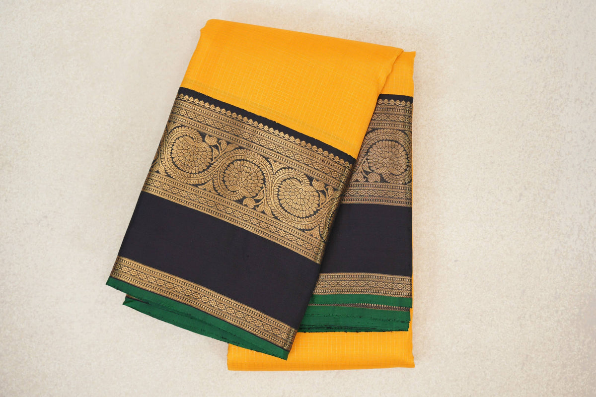 Mango Yellow with Black Rettai Pettu Borders with Bottle Green Selvedge Vintage Kanjivaram Silk Saree by Shreenivas Silks PSSR0110211