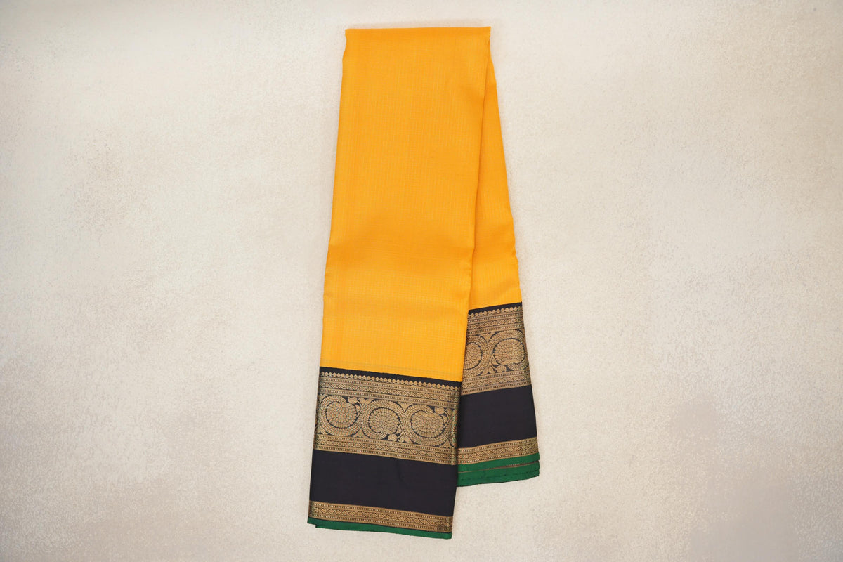 Mango Yellow with Black Rettai Pettu Borders with Bottle Green Selvedge Vintage Kanjivaram Silk Saree by Shreenivas Silks PSSR0110211