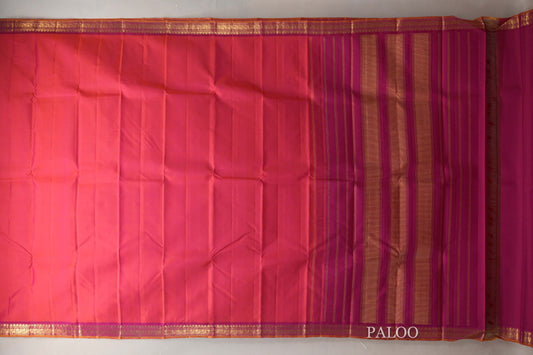 Orangish Pink with Bright Pink Borders and Mustard Selvedge Vintage Kanjivaram Silk Saree by Shreenivas Silks PSSR019082