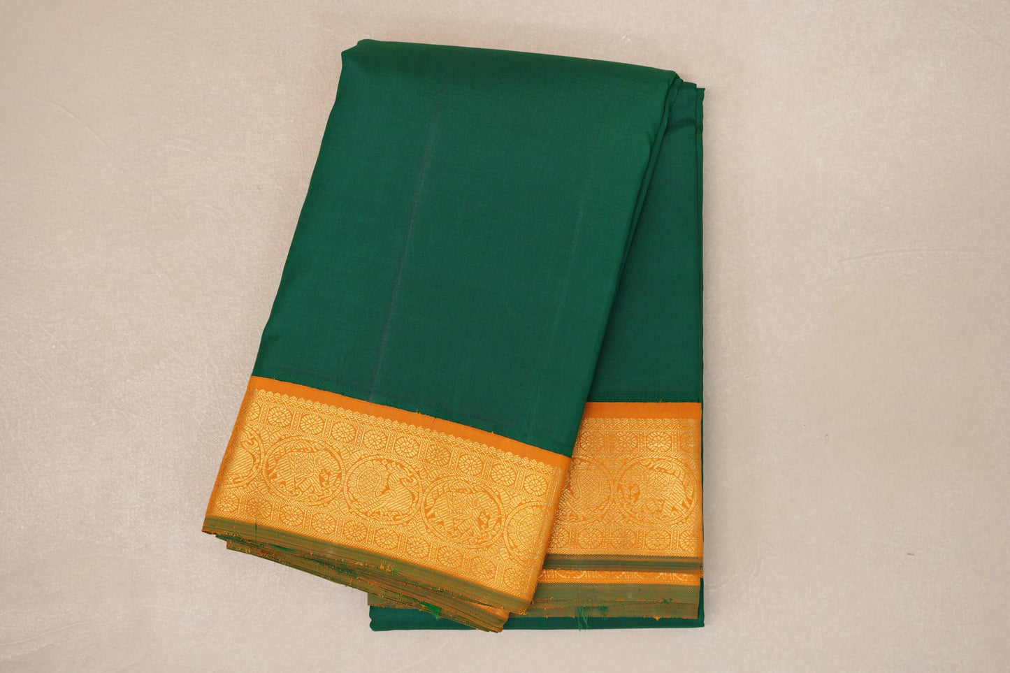 Bright Leaf Green with Mustard Orange Borders Vintage Kanjivaram Silk Saree by Shreenivas Silks PSSR019083
