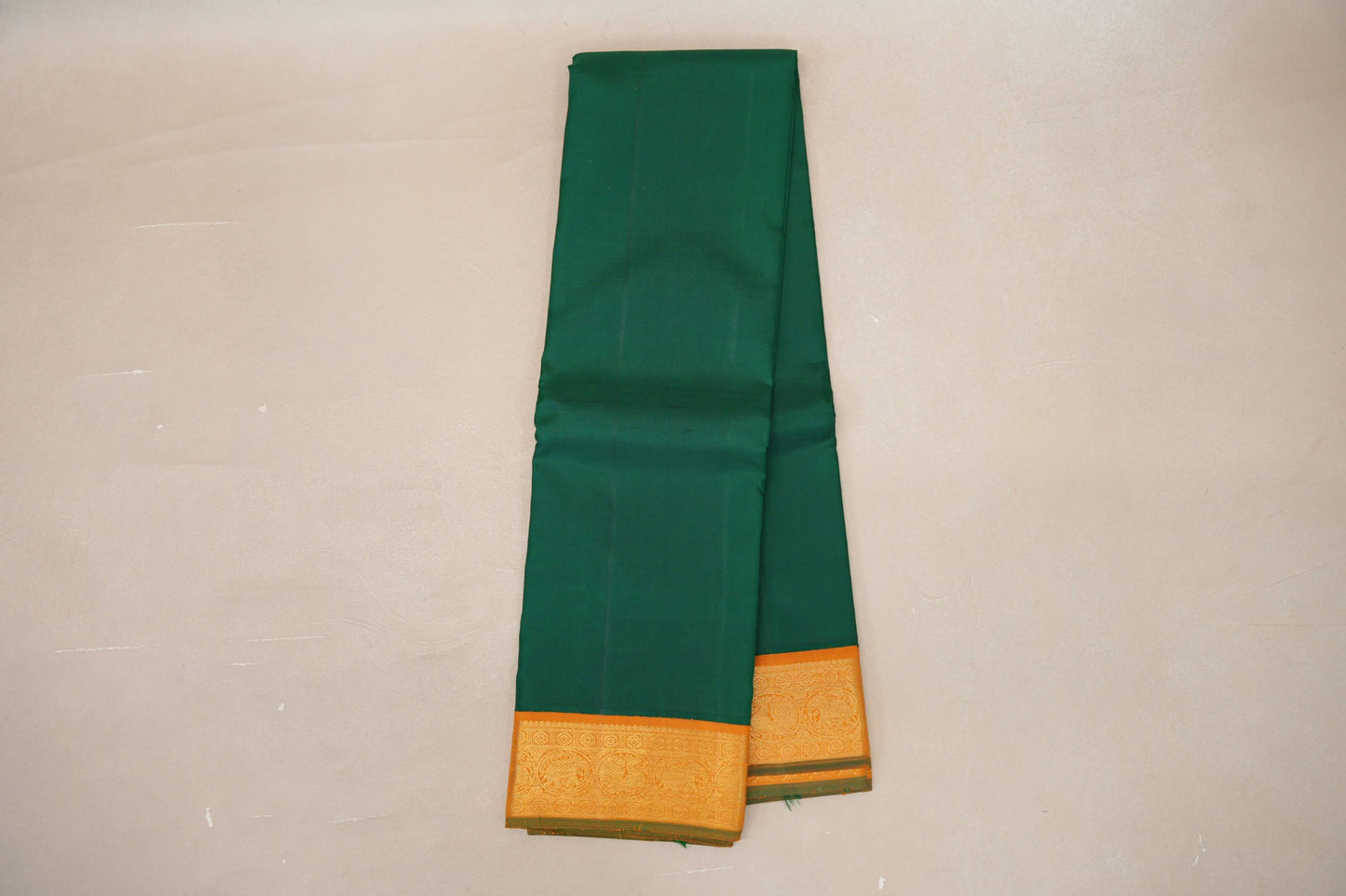 Bright Leaf Green with Mustard Orange Borders Vintage Kanjivaram Silk Saree by Shreenivas Silks PSSR019083