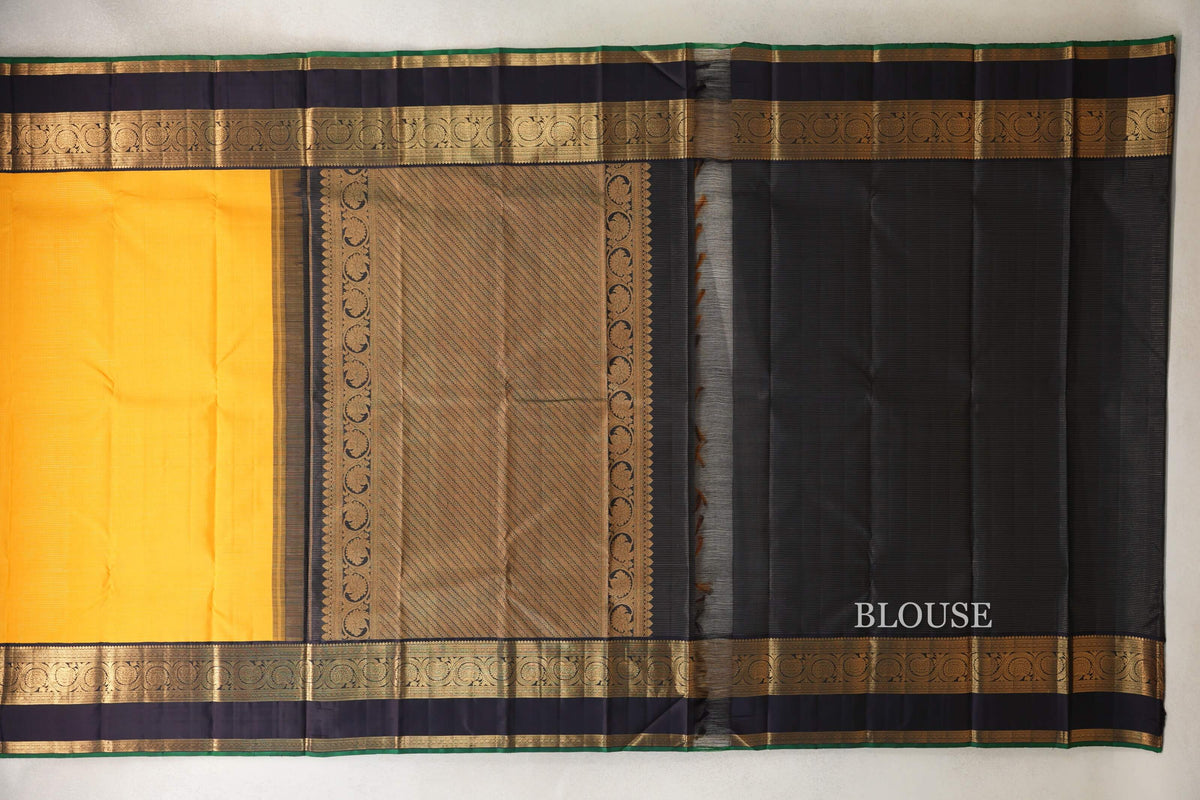 Mango Yellow with Black Rettai Pettu Borders with Bottle Green Selvedge Vintage Kanjivaram Silk Saree by Shreenivas Silks PSSR0110211