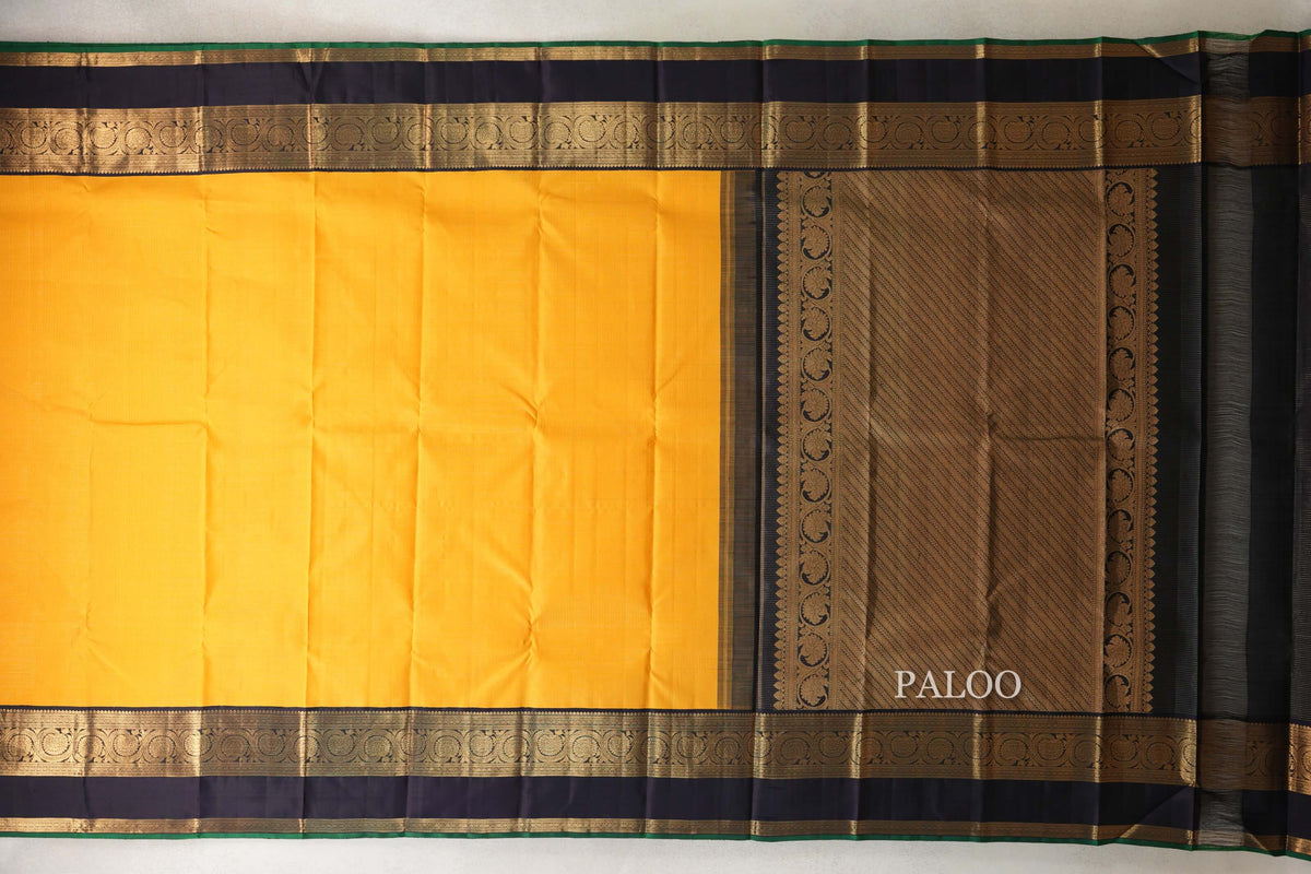 Mango Yellow with Black Rettai Pettu Borders with Bottle Green Selvedge Vintage Kanjivaram Silk Saree by Shreenivas Silks PSSR0110211