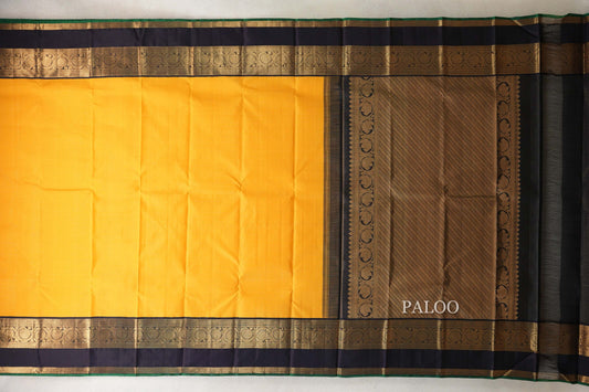 Mango Yellow with Black Rettai Pettu Borders with Bottle Green Selvedge Vintage Kanjivaram Silk Saree by Shreenivas Silks PSSR0110211