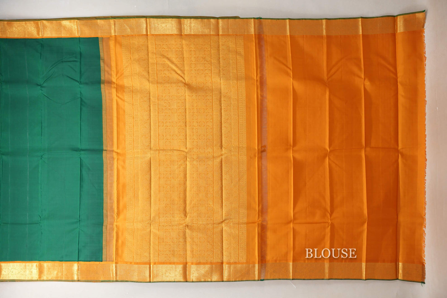 Bright Leaf Green with Mustard Orange Borders Vintage Kanjivaram Silk Saree by Shreenivas Silks PSSR019083