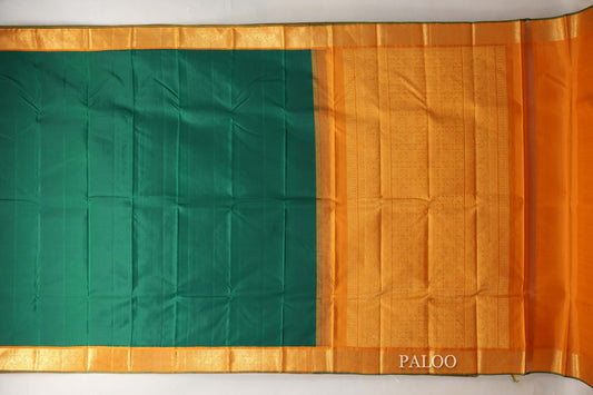 Bright Leaf Green with Mustard Orange Borders Vintage Kanjivaram Silk Saree by Shreenivas Silks PSSR019083