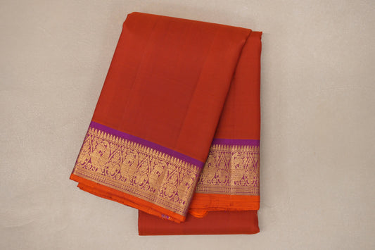 Reddish Orange with Magenta Borders and Orange Selvedge Vintage Kanjivaram Silk Saree by Shreenivas Silks PSSR019084