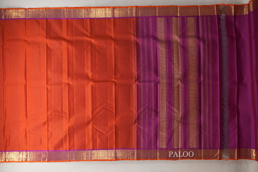 Reddish Orange with Magenta Borders and Orange Selvedge Vintage Kanjivaram Silk Saree by Shreenivas Silks PSSR019084