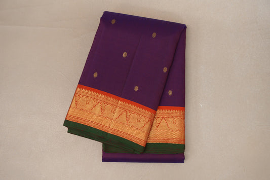 Dual Tone Blue and Orange with Bright Orange Borders and Dark Green Selvedge Vintage Kanjivaram Silk Saree by Shreenivas Silks PSSR019085