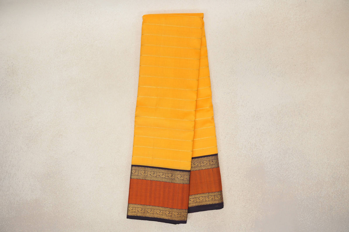 Mango Yellow with Deep Plum Rettai Pettu Borders Vintage Kanjivaram Silk Saree by Shreenivas Silks PSSR0110214