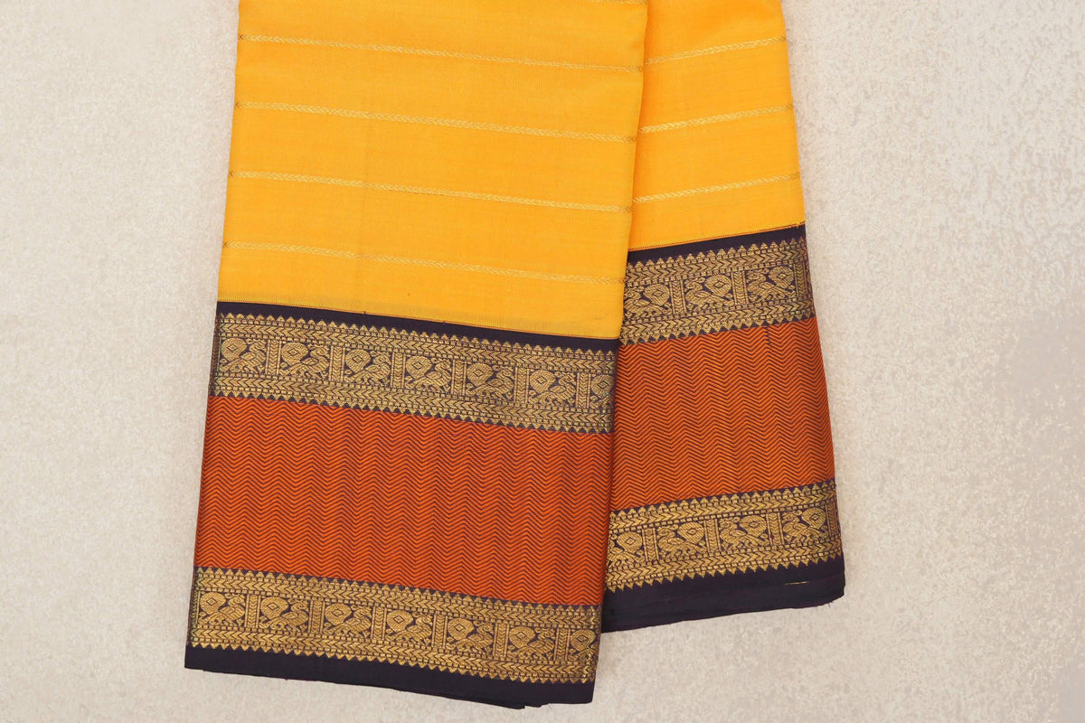 Mango Yellow with Deep Plum Rettai Pettu Borders Vintage Kanjivaram Silk Saree by Shreenivas Silks PSSR0110214