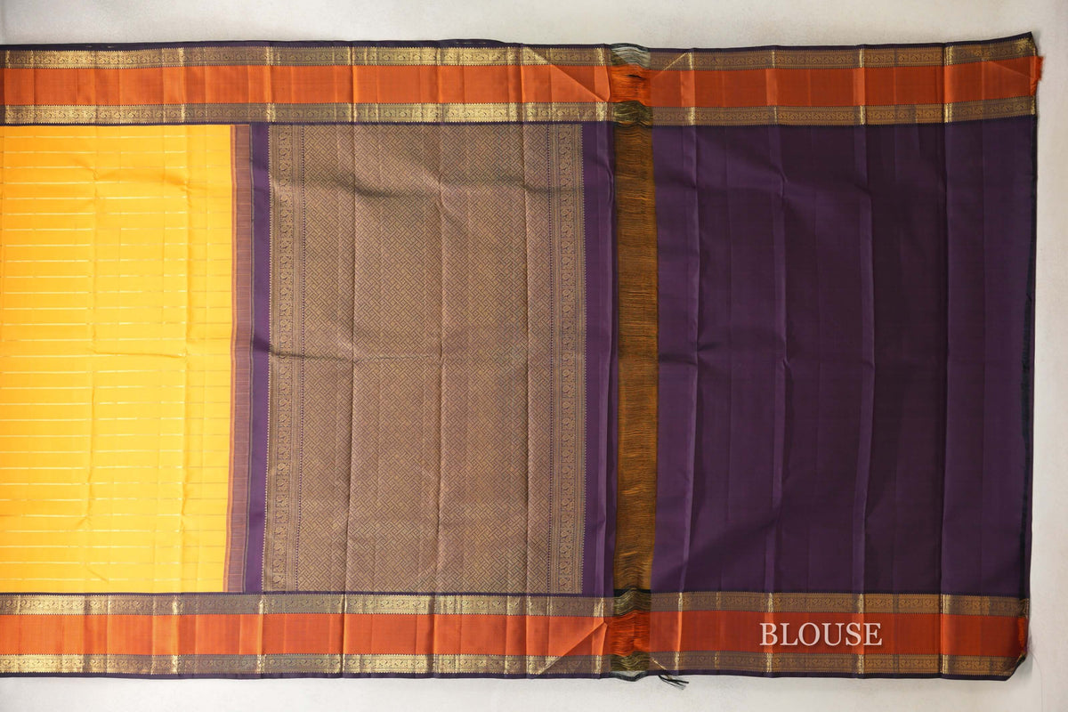 Mango Yellow with Deep Plum Rettai Pettu Borders Vintage Kanjivaram Silk Saree by Shreenivas Silks PSSR0110214