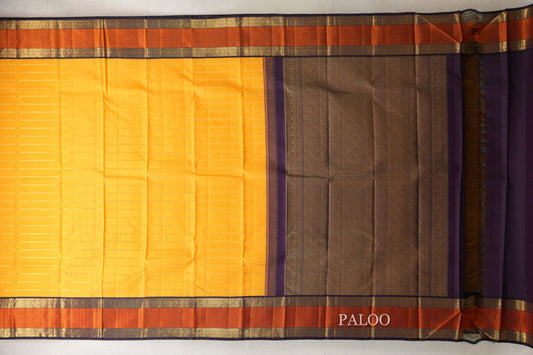 Mango Yellow with Deep Plum Rettai Pettu Borders Vintage Kanjivaram Silk Saree by Shreenivas Silks PSSR0110214