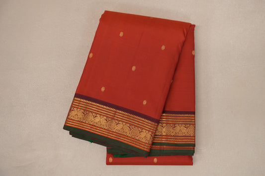 Rust Orange with Deep Maroon Borders and Dark Green Selvedge Vintage Kanjivaram Silk Saree by Shreenivas Silks PSSR019086