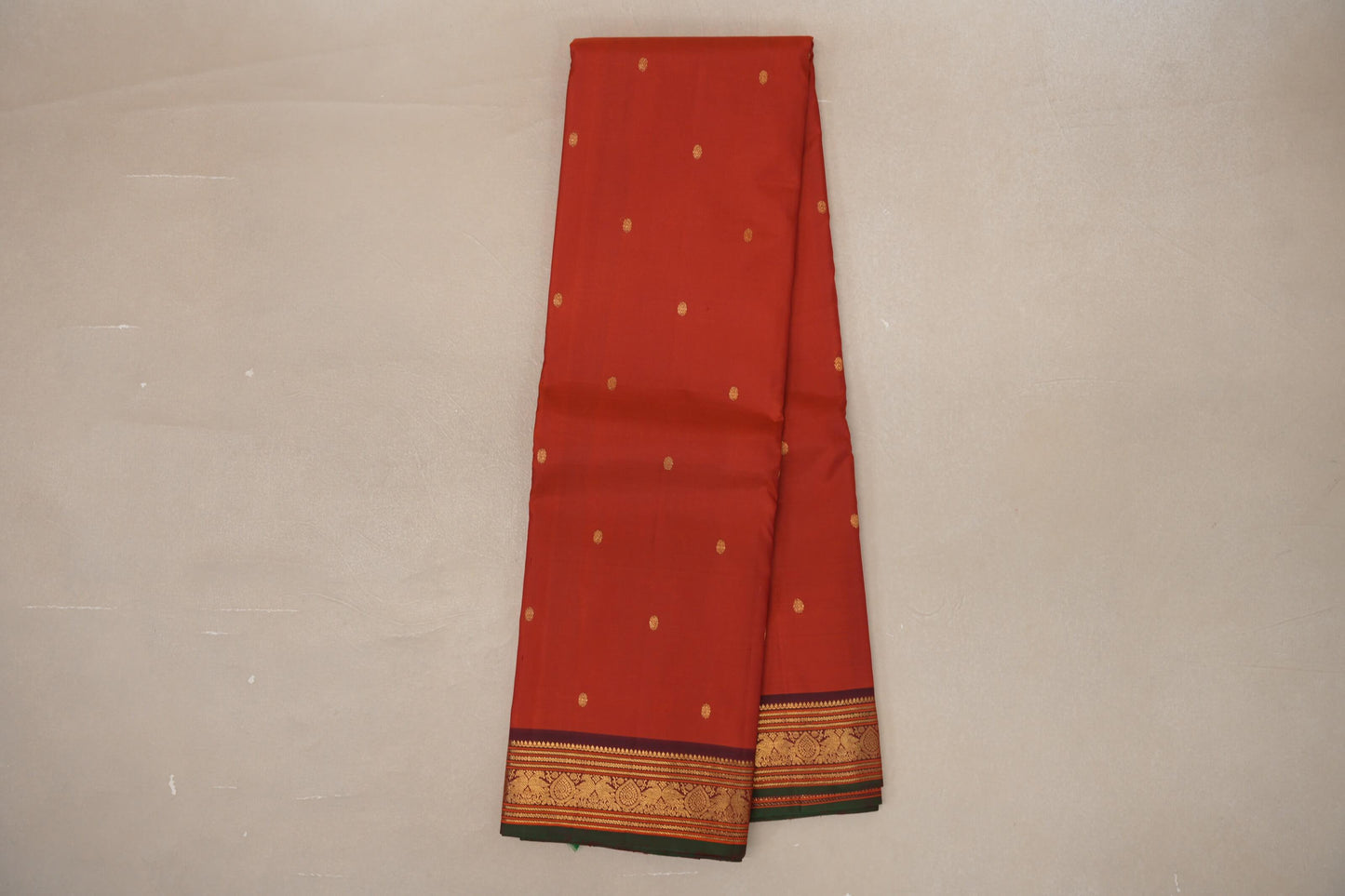 Rust Orange with Deep Maroon Borders and Dark Green Selvedge Vintage Kanjivaram Silk Saree by Shreenivas Silks PSSR019086