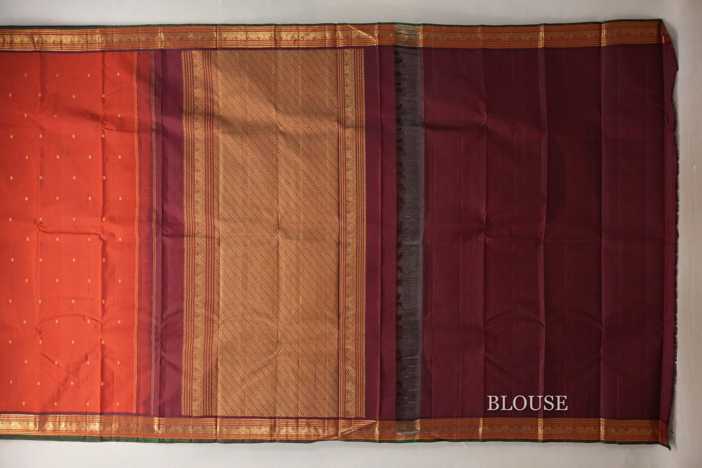 Rust Orange with Deep Maroon Borders and Dark Green Selvedge Vintage Kanjivaram Silk Saree by Shreenivas Silks PSSR019086