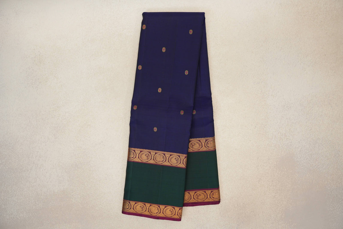 Deep Blue with Deep Magenta and Green Rettai Pettu Borders Vintage Kanjivaram Silk Saree by Shreenivas Silks PSSR0110215
