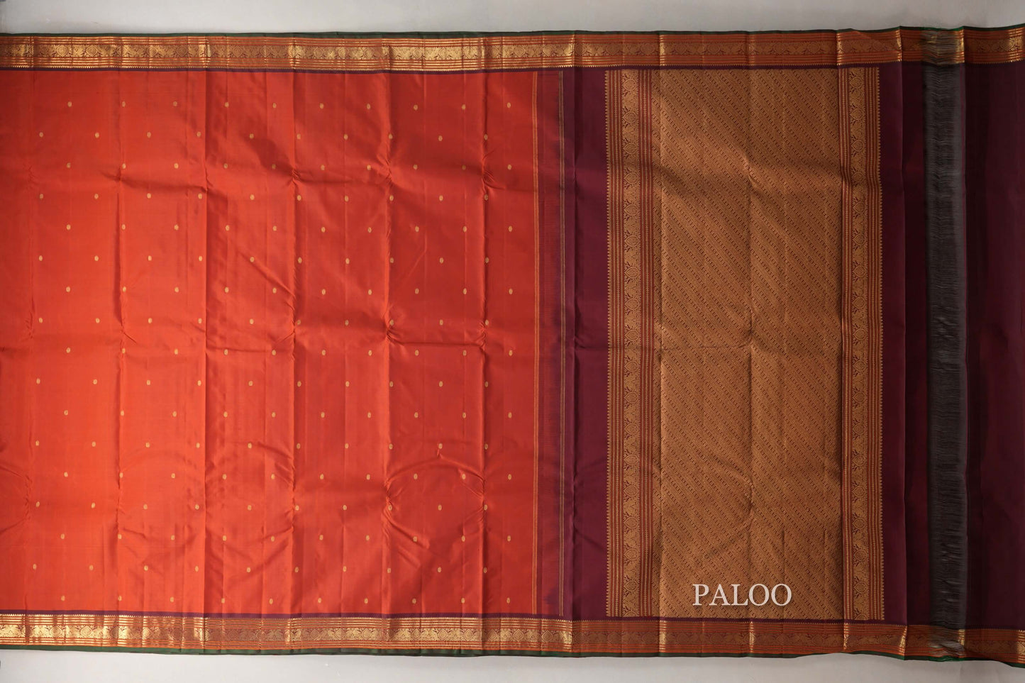 Rust Orange with Deep Maroon Borders and Dark Green Selvedge Vintage Kanjivaram Silk Saree by Shreenivas Silks PSSR019086