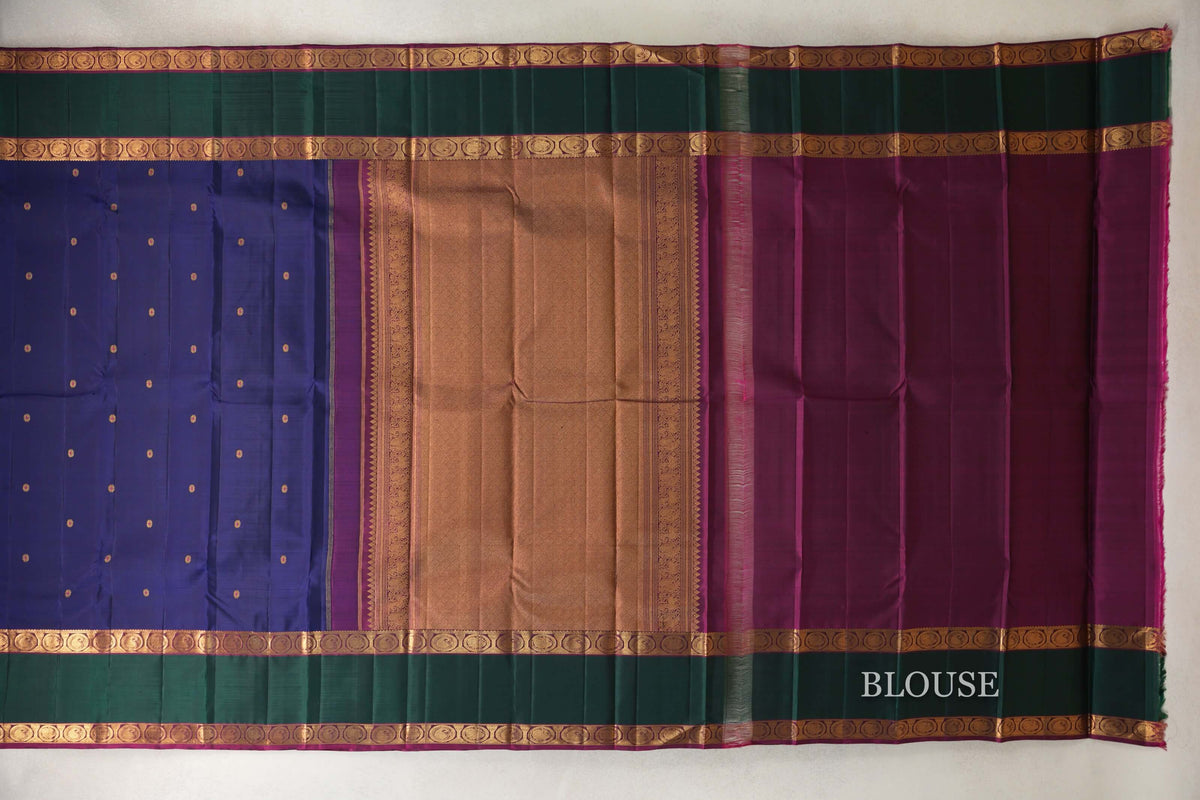 Deep Blue with Deep Magenta and Green Rettai Pettu Borders Vintage Kanjivaram Silk Saree by Shreenivas Silks PSSR0110215