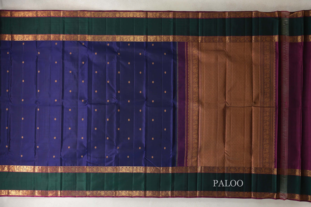 Deep Blue with Deep Magenta and Green Rettai Pettu Borders Vintage Kanjivaram Silk Saree by Shreenivas Silks PSSR0110215