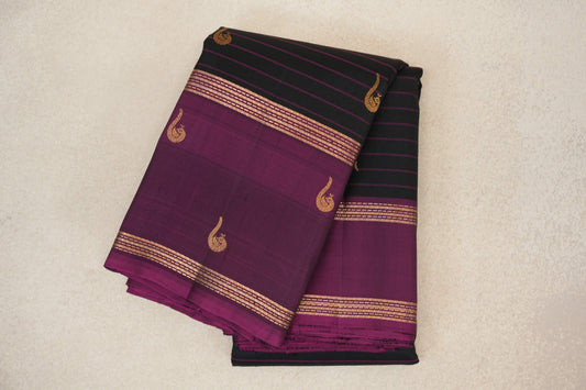 Black with Deep Magenta Rettai Pettu Borders Vintage Kanjivaram Silk Saree by Shreenivas Silks PSSR0110216 - Parisera