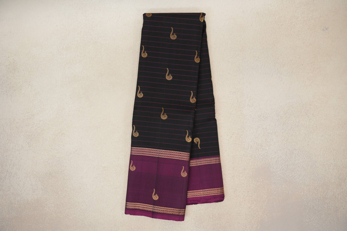Black with Deep Magenta Rettai Pettu Borders Vintage Kanjivaram Silk Saree by Shreenivas Silks PSSR0110216