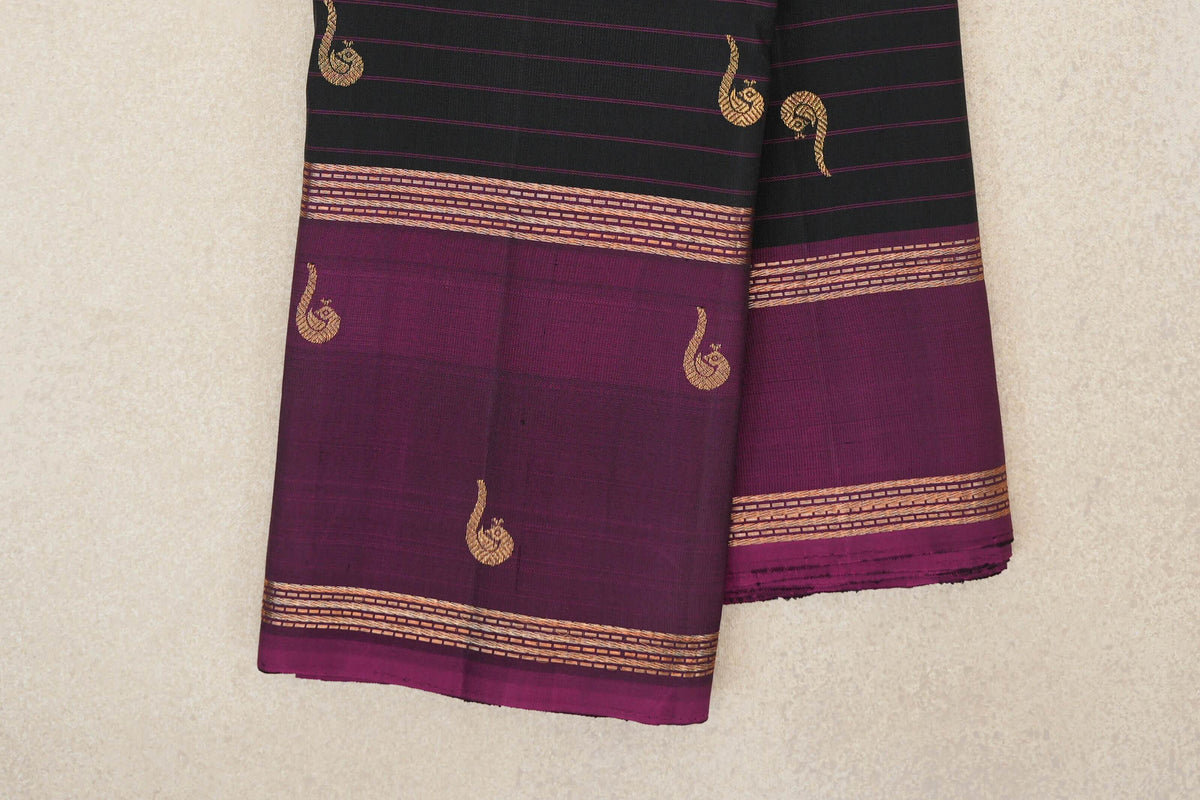 Black with Deep Magenta Rettai Pettu Borders Vintage Kanjivaram Silk Saree by Shreenivas Silks PSSR0110216