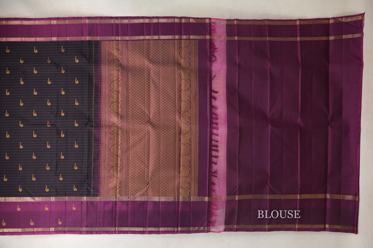Black with Deep Magenta Rettai Pettu Borders Vintage Kanjivaram Silk Saree by Shreenivas Silks PSSR0110216