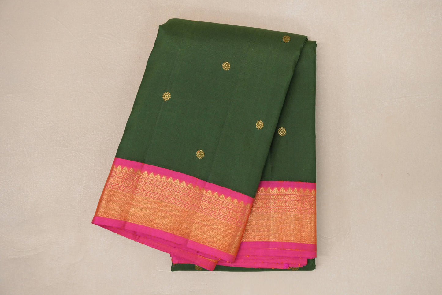 Dark Moss Green with Bright Pink Borders Vintage Kanjivaram Silk Saree by Shreenivas Silks PSSR019088