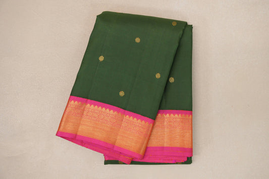 Dark Moss Green with Bright Pink Borders Vintage Kanjivaram Silk Saree by Shreenivas Silks PSSR019088