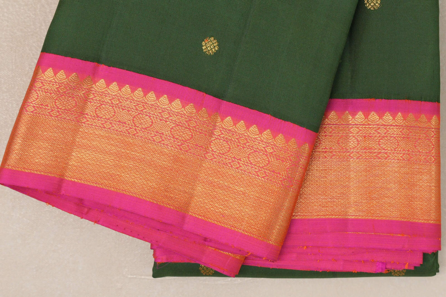Dark Moss Green with Bright Pink Borders Vintage Kanjivaram Silk Saree by Shreenivas Silks PSSR019088