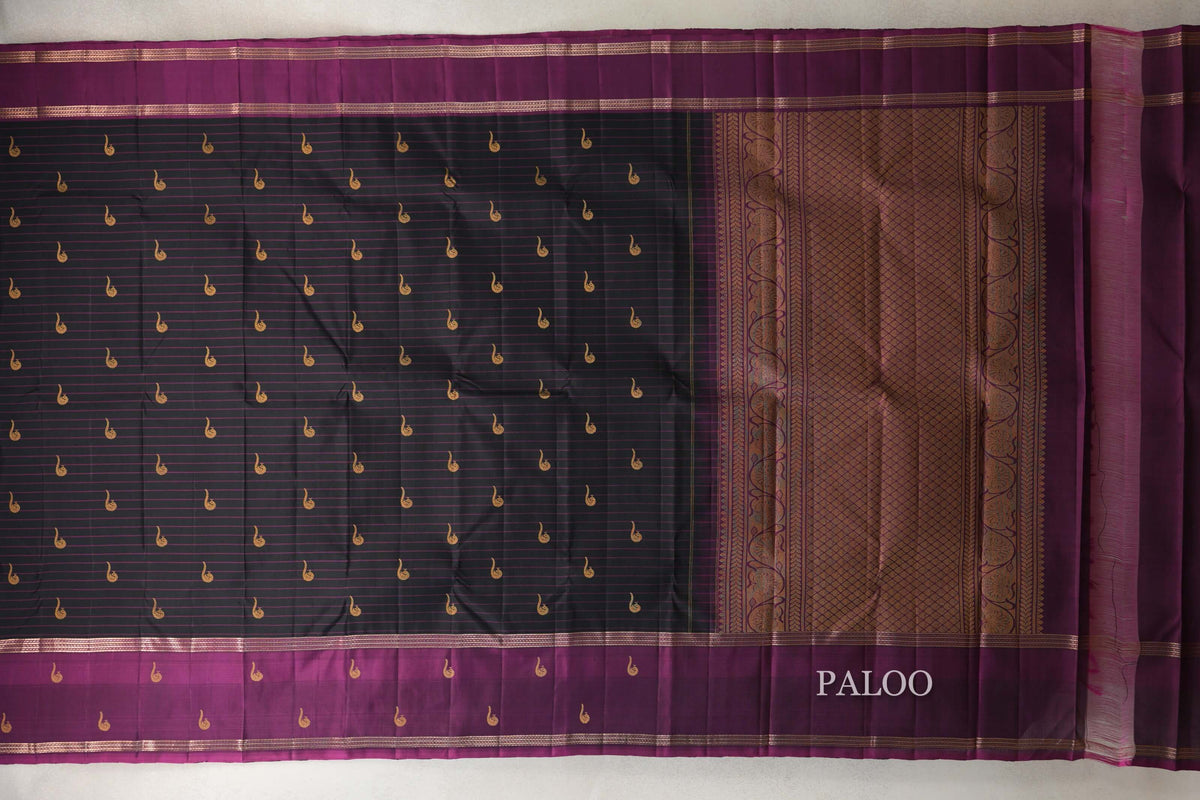 Black with Deep Magenta Rettai Pettu Borders Vintage Kanjivaram Silk Saree by Shreenivas Silks PSSR0110216