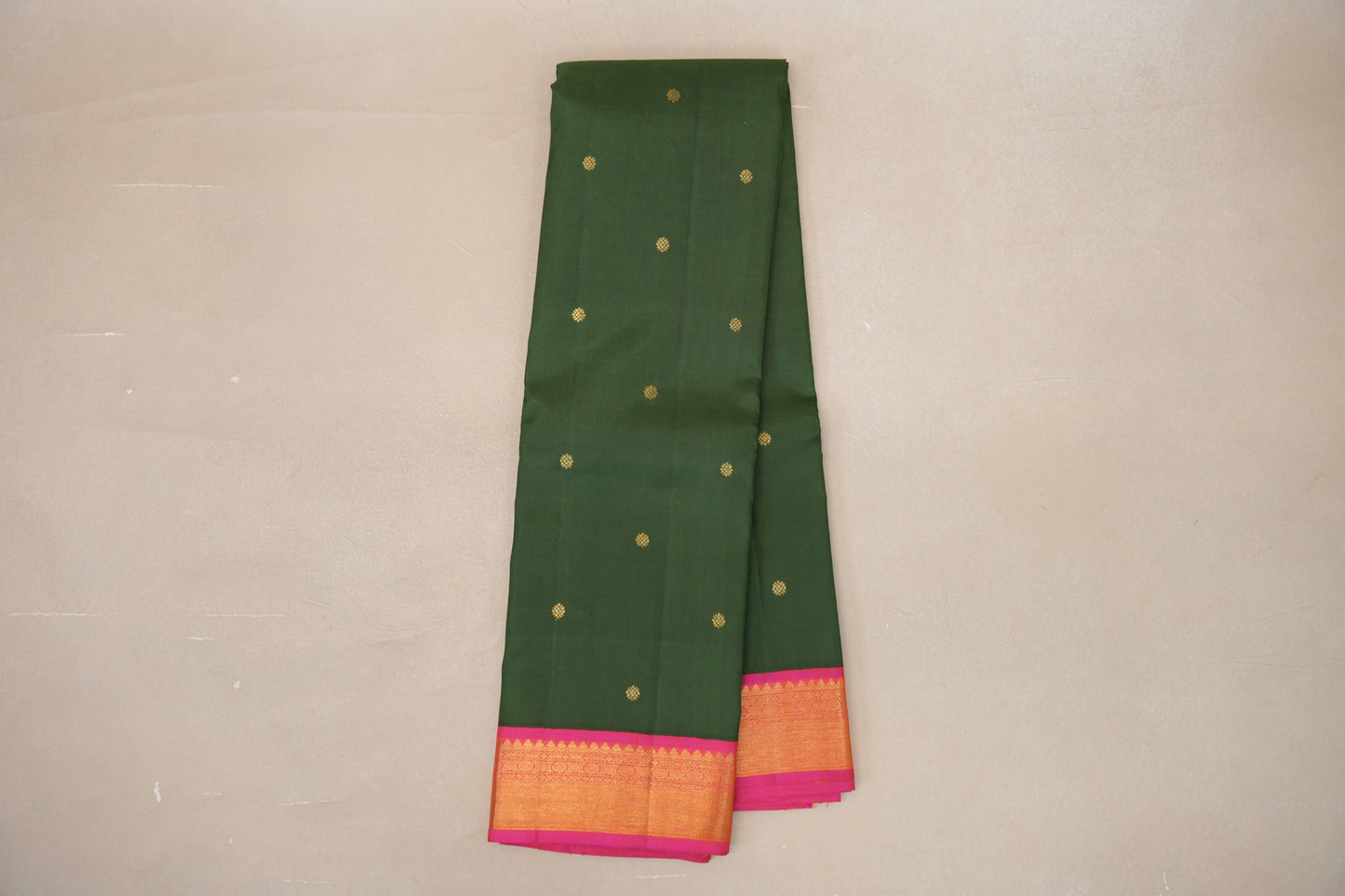 Dark Moss Green with Bright Pink Borders Vintage Kanjivaram Silk Saree by Shreenivas Silks PSSR019088