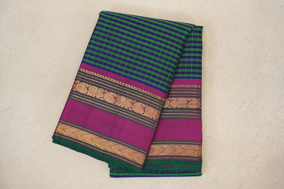 Deep Blue with Green Stripes with Deep Magenta Borders with Green Selvedge Vintage Kanjivaram Silk Saree by Shreenivas Silks PSSR0110217