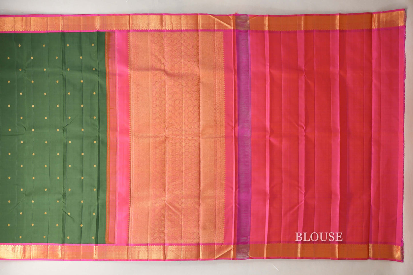 Dark Moss Green with Bright Pink Borders Vintage Kanjivaram Silk Saree by Shreenivas Silks PSSR019088