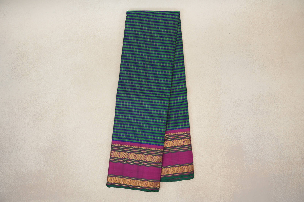 Deep Blue with Green Stripes with Deep Magenta Borders with Green Selvedge Vintage Kanjivaram Silk Saree by Shreenivas Silks PSSR0110217